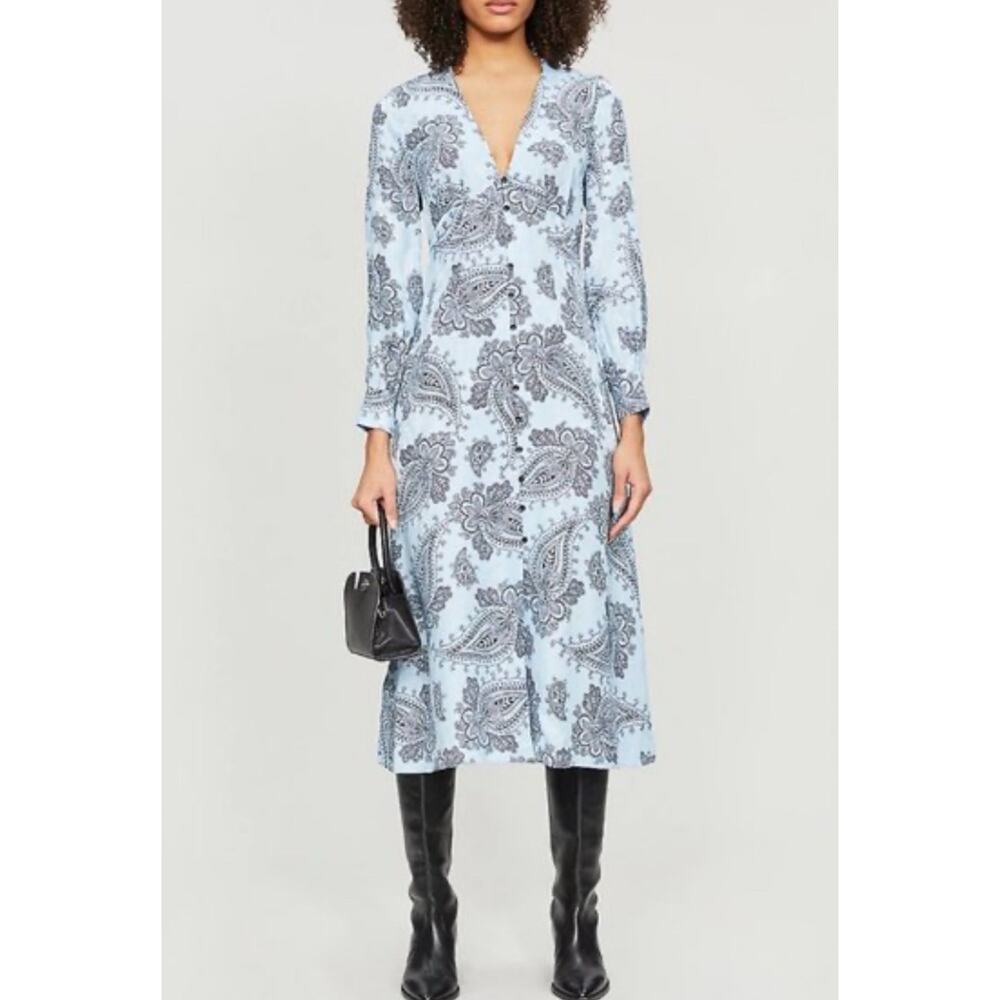 Sandro Paris Printed Silk Beane Jacquard Button Down A Line Midi Dress Classic S - Picture 9 of 16